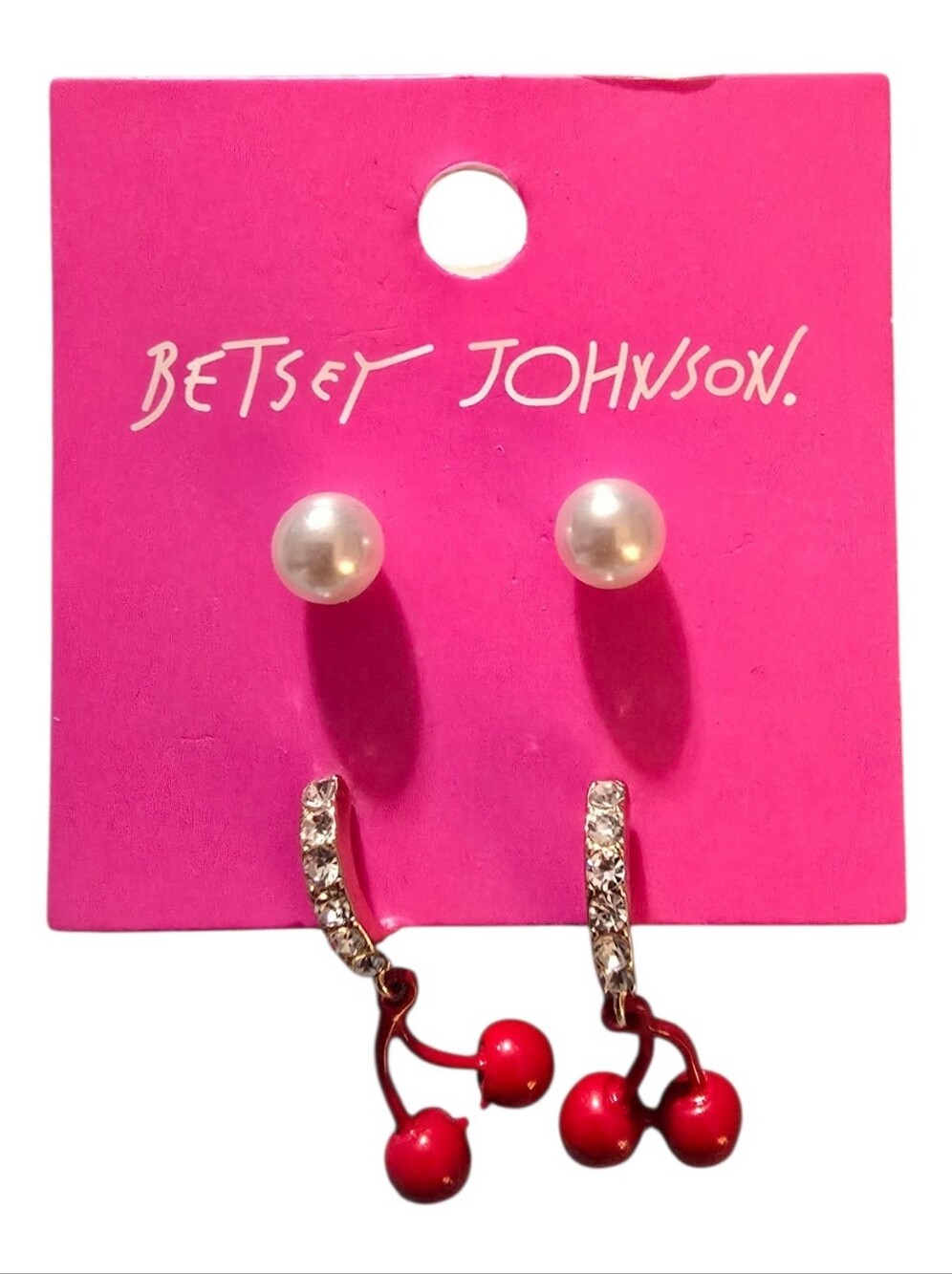 Betsey Johnson Crystal Huggie Hoop Earrings with Red Cherry Dangles, NWT - Picture 2 of 3